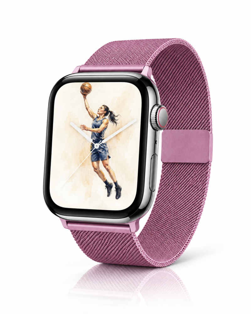 Model wearing Milanese Loop – Baby Pink Apple Watch band