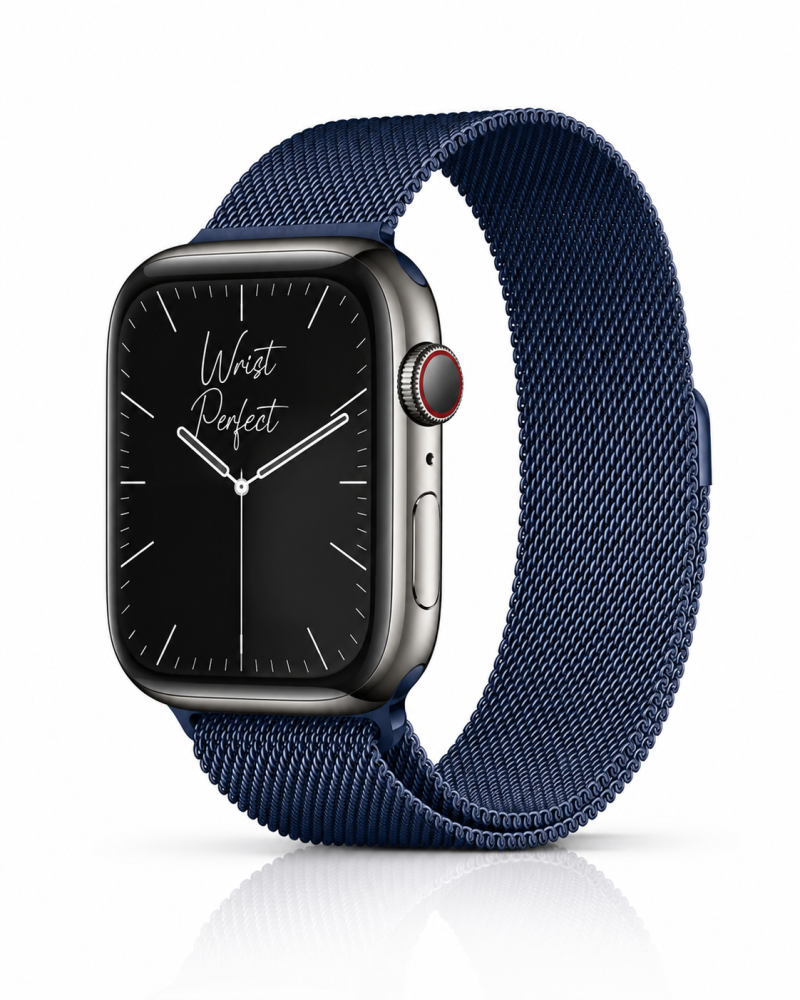 Model wearing Milanese Loop – Blue Apple Watch band
