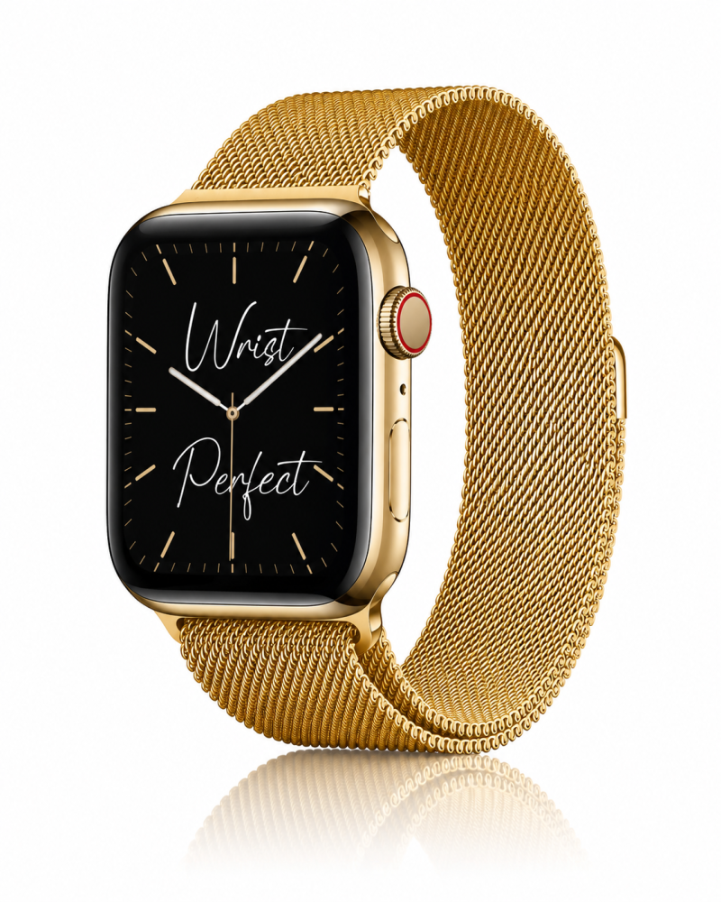 Model wearing Milanese Loop – Classic Gold Apple Watch band