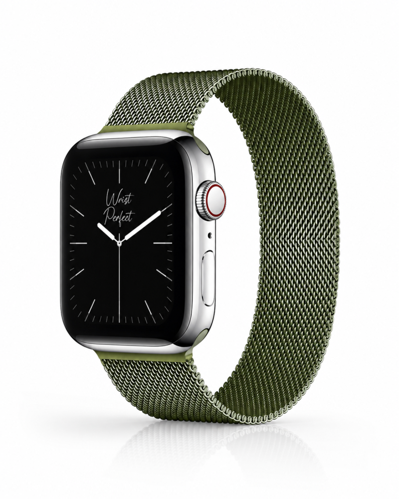 Model wearing Milanese Loop – Grass Green Apple Watch band