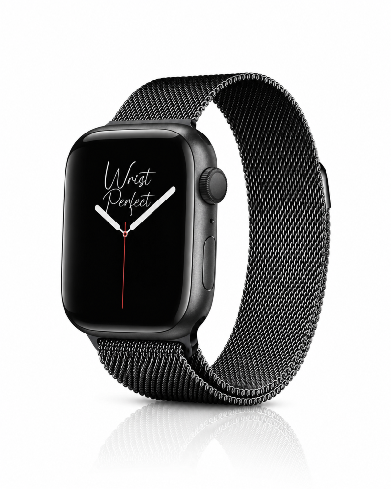 Model wearing Milanese Loop – Midnight Apple Watch band