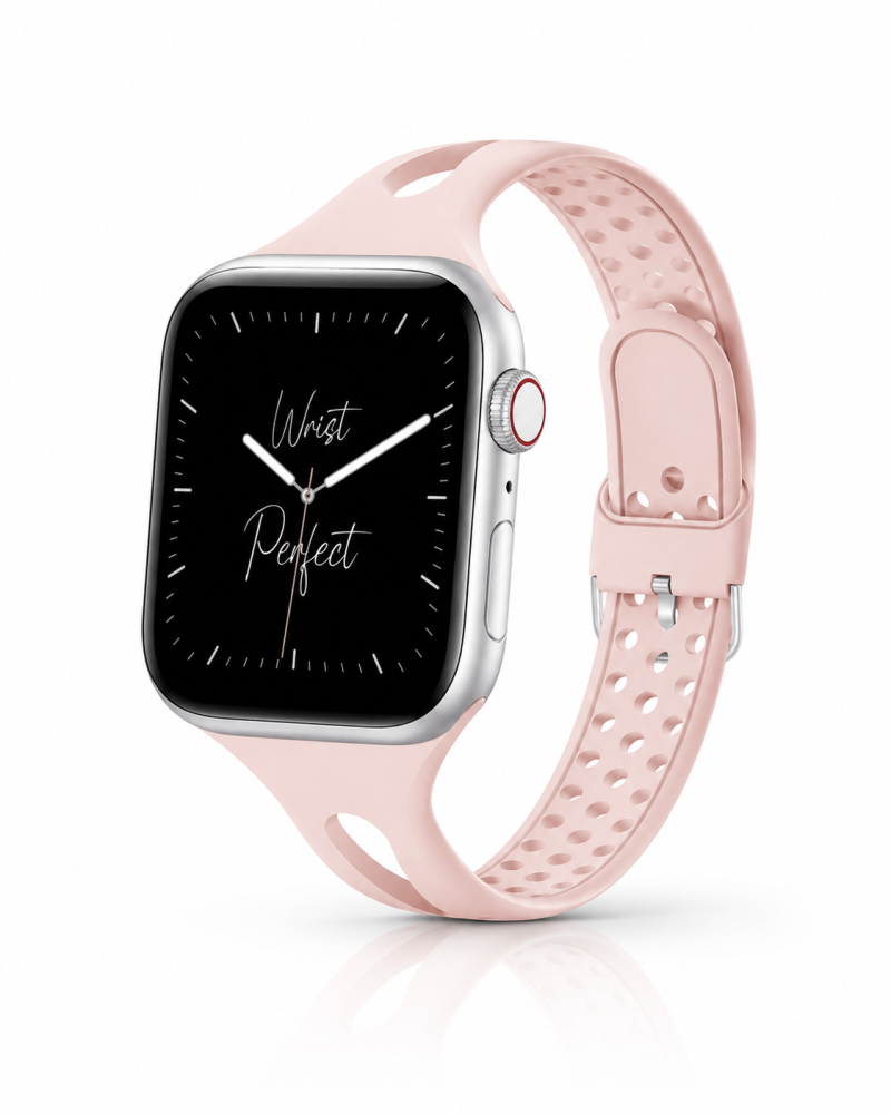 Model wearing Slim Silicone – Pink Sand Apple Watch band