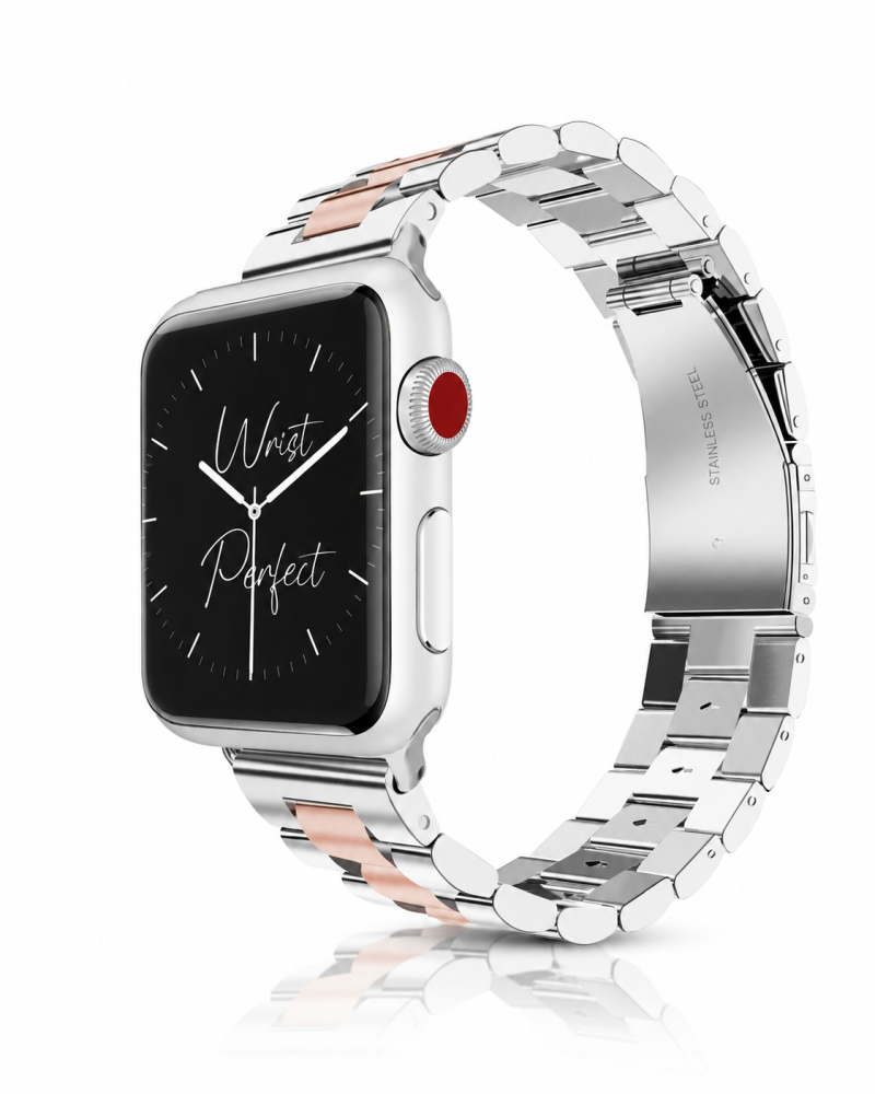 Model wearing Classic Stainless Steel – Silver Rose Gold Apple Watch band