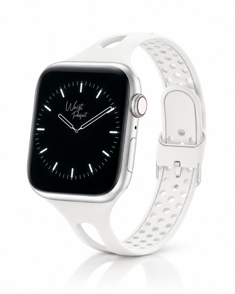 Model wearing Slim Silicone – White Apple Watch band