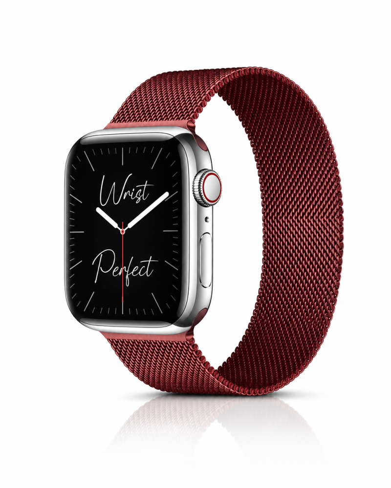 Model wearing Milanese Loop – Wine Red Apple Watch band