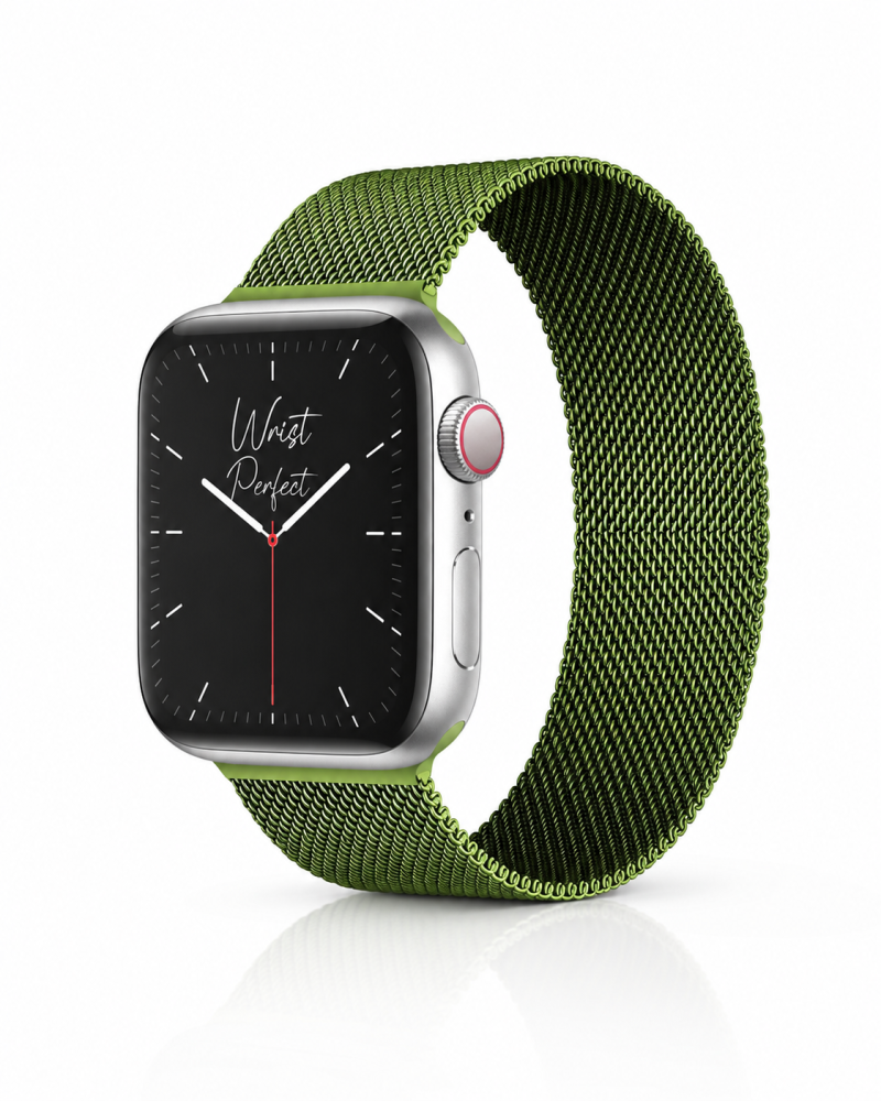 Model wearing Milanese Loop – Green Apple Watch band