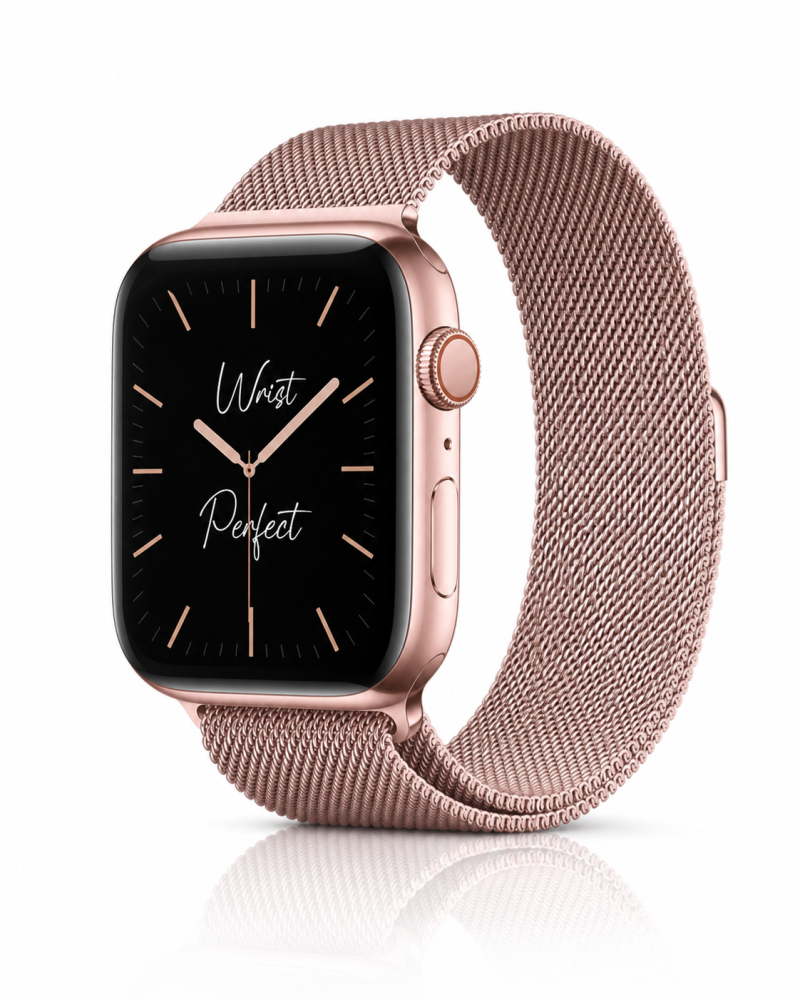 Model wearing Milanese Loop – Rose Pink Apple Watch band