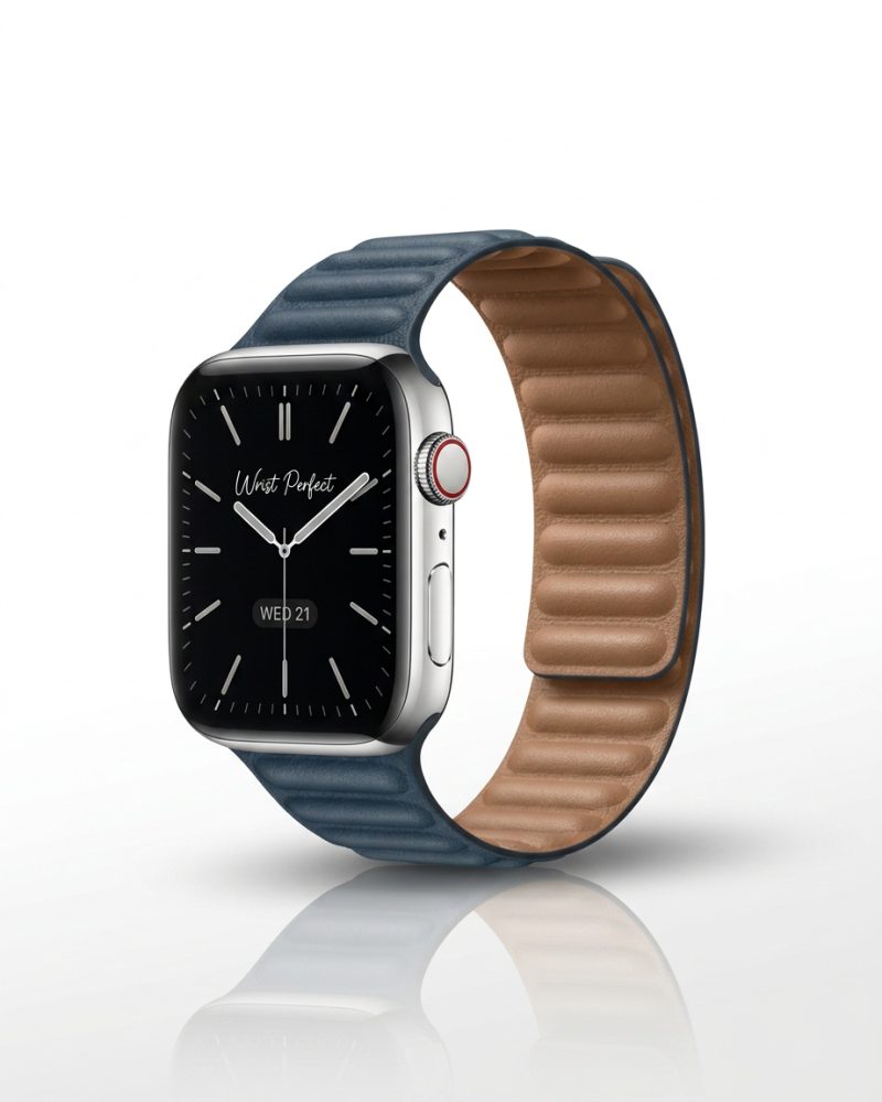 Model wearing Leather Link – Baltic Blue Apple Watch band