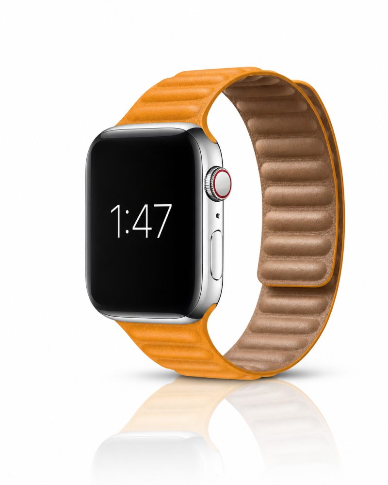 Model wearing Leather Link – California Poppy Apple Watch band