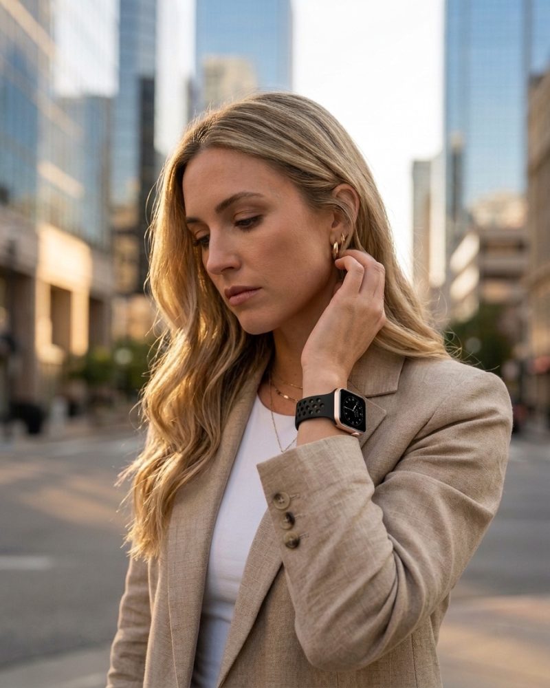 Model wearing Slim Silicone – Black Apple Watch band