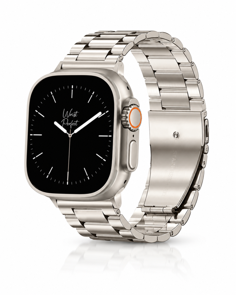 Model wearing Classic Stainless Steel – Starlight Apple Watch band